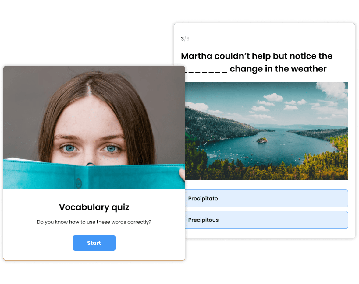 Example from the Opinion Stage quiz maker showing an interactive vocabulary quiz with images and multiple-choice questions, used to create educational tests.
